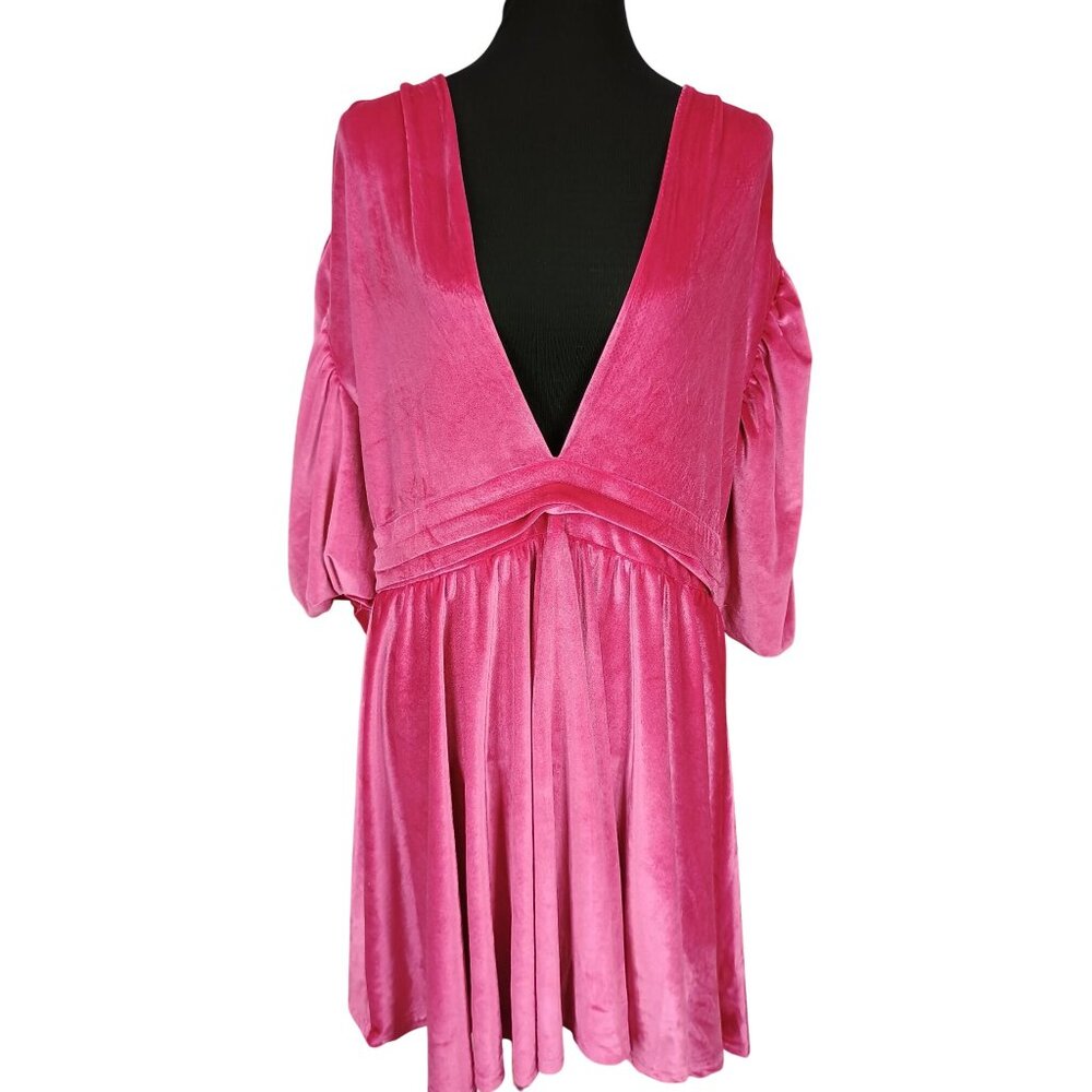 Plus Size Boohoo Velour Plunge Puff Sleeve Skater Dress Hot Pink size 18